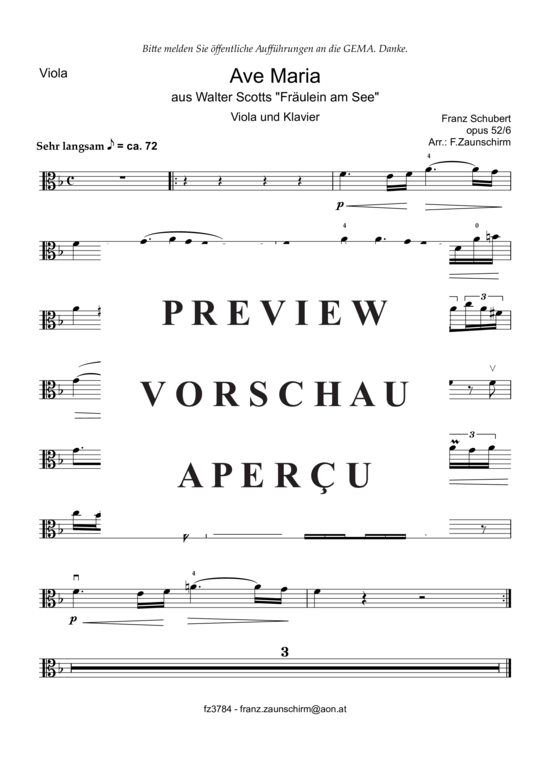 Product picture to: Ave Maria (Viola Solo + Klavier-Playback) Franz Schubert (Zaunschirm)