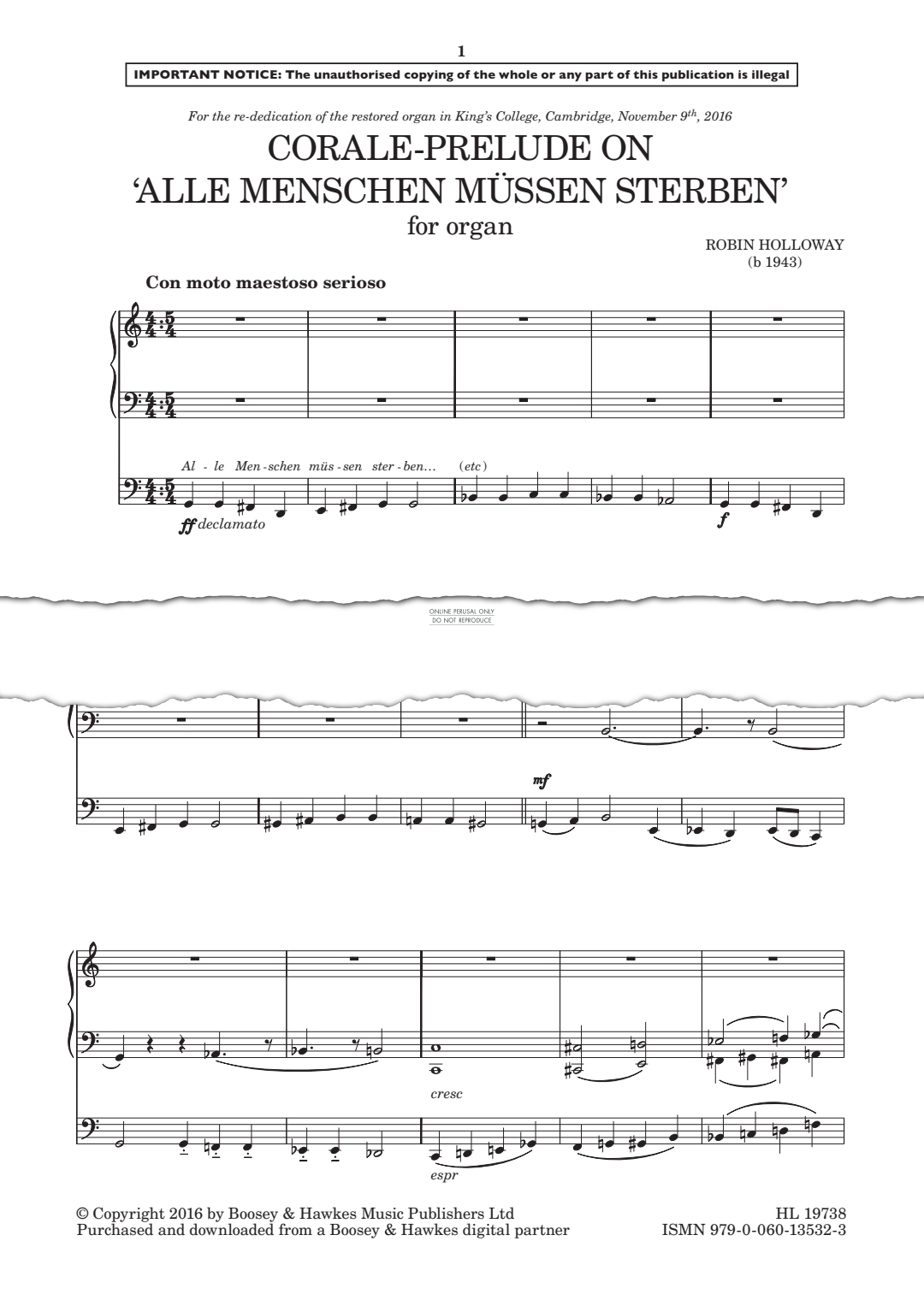 Produktgalerie: Seite 1 von 1 Corale-Prelude on 'Alle Menschen müssen sterben', Robin Holloway, Orgel