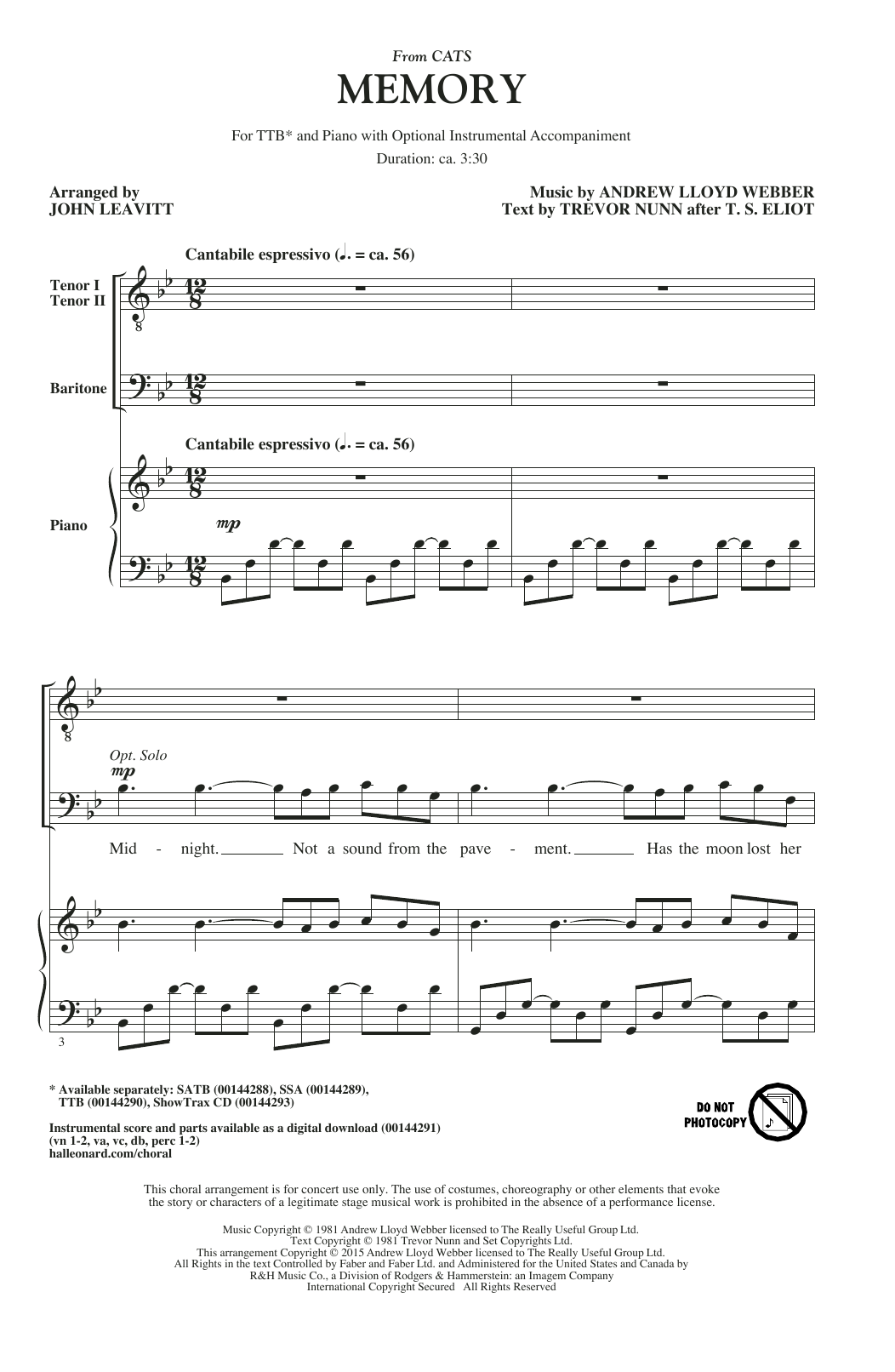 Product picture to: Memory (from Cats) (arr. John Leavitt)