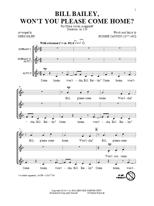 Produktgalerie: Seite 1 von 1 Bill Bailey, Won't You Please Come Home (arr. Greg Gilpin), Hughie Cannon, Chor
