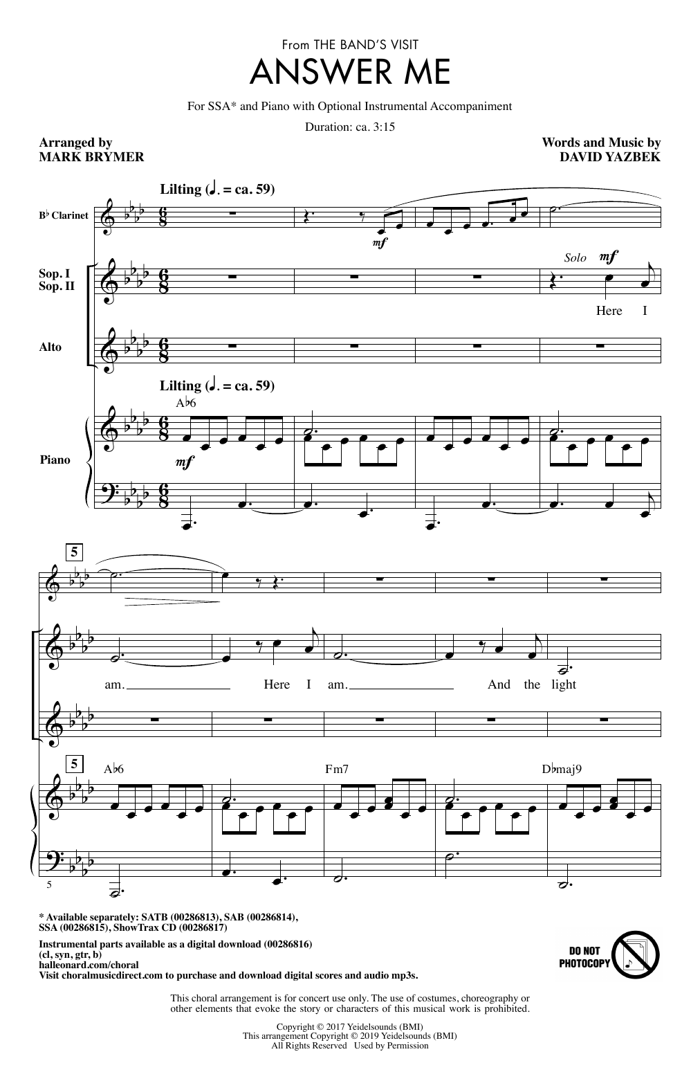 Product gallery: Page 1 of 1 Answer Me (from The Band's Visit) (arr. Mark Brymer), David Yazbek