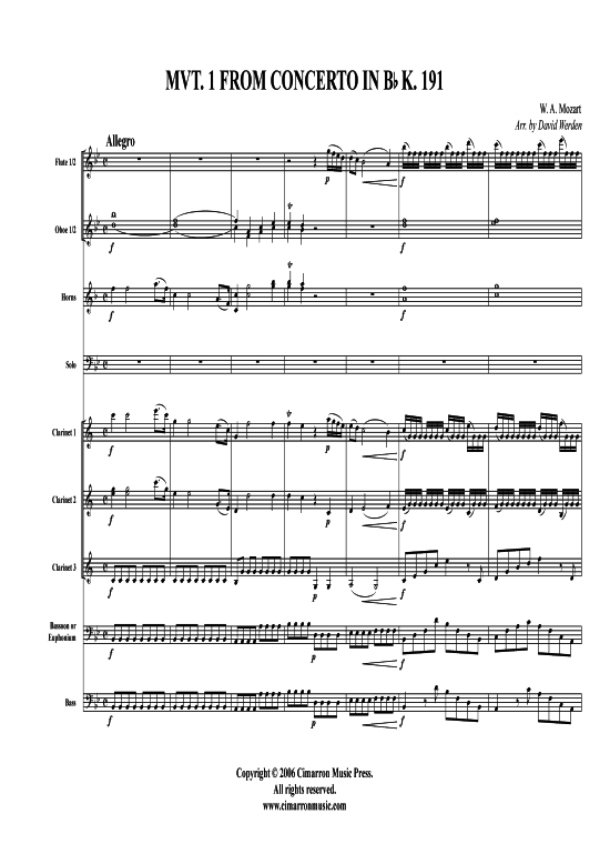 Product picture to: Concerto in B W. A. Mozart (op. 96 K. 191, 1.Satz)