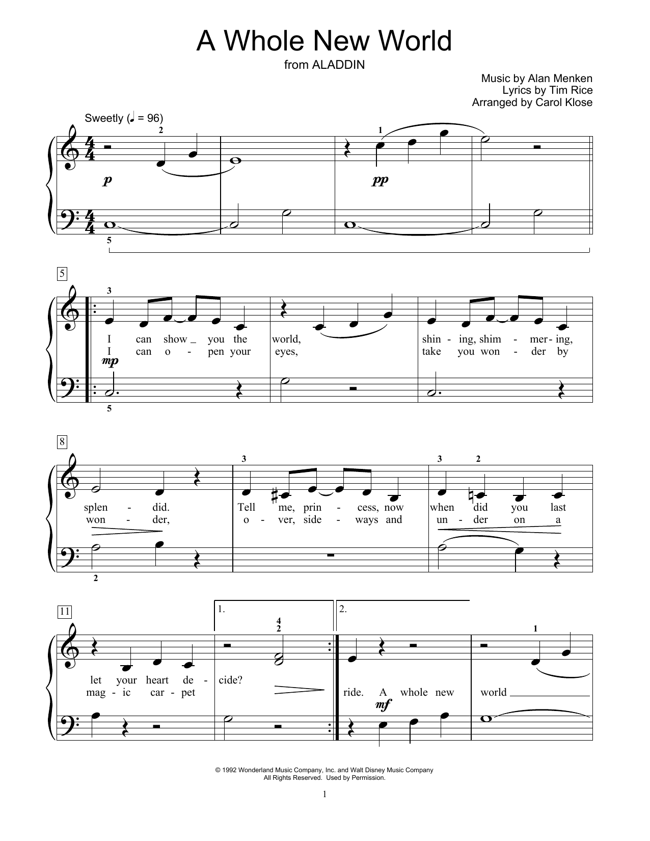 Produktbild zu: A Whole New World (from Aladdin) (arr. Carol Klose)