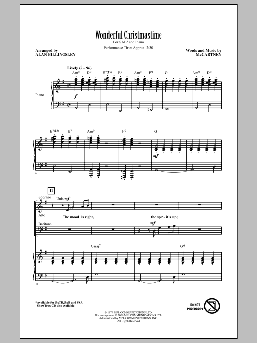Produktbild zu: Wonderful Christmastime (arr. Alan Billingsley)