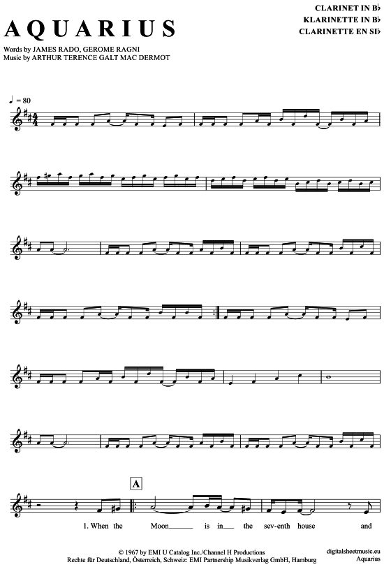 Product gallery: Page 1 of 4 Aquarius , Hair (Musical), Clarinet in B-flat