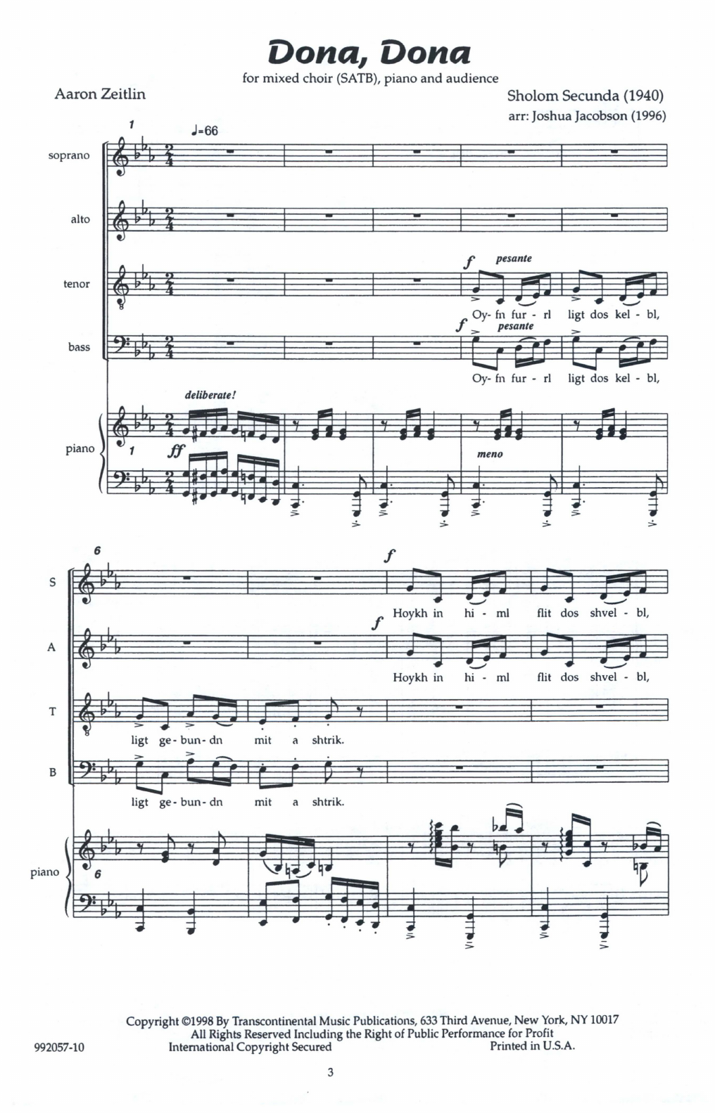 Product gallery: Page 1 of 1 Dona, Dona (arr. Joshua Jacobson), Sholom Secunda