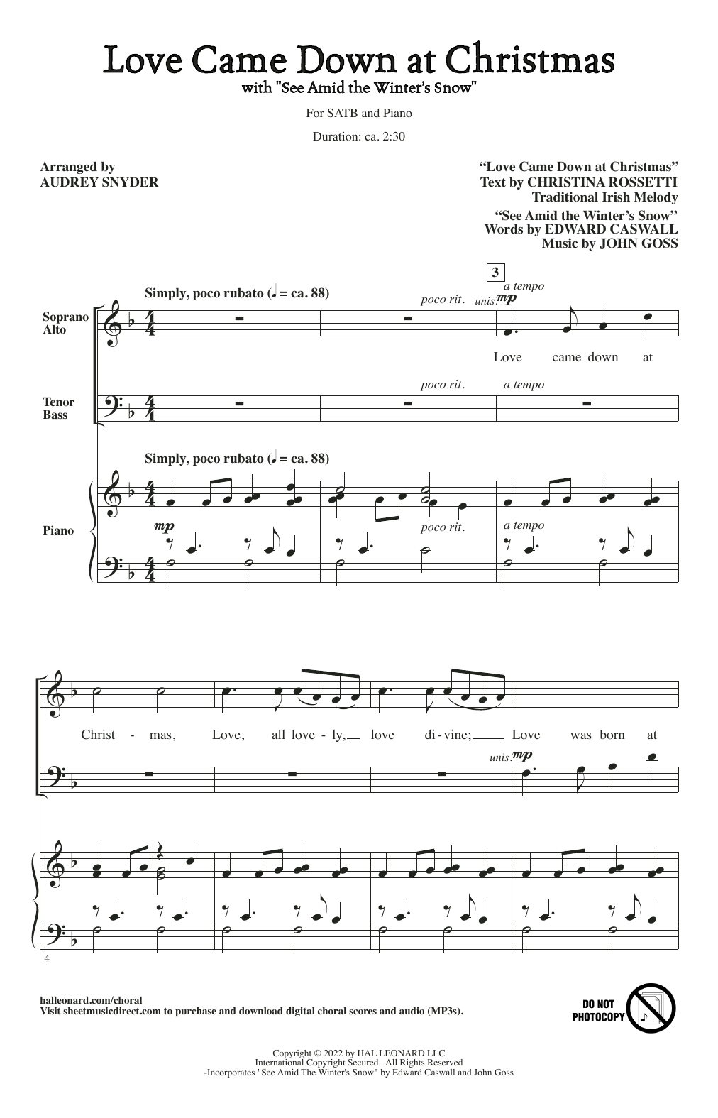 Product gallery: Page 1 of 1 Love Came Down At Christmas (with "See Amid The Winter's Snow") (arr. Audrey Snyder), Christina Rossetti