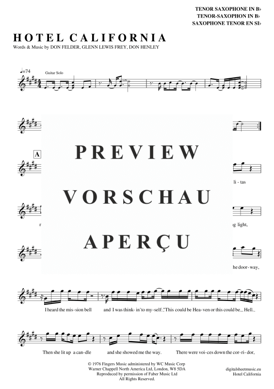 Product gallery: Page 2 of 5 Hotel California, Eagles, The, Tenor Saxophone