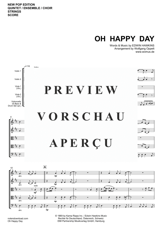 gallery: Oh Happy Day, Edwin Hawkins Singers, Strings quintet/ensemble/choir - electric bass with chords and drum set opt.