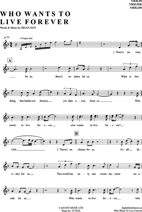 Who Wants To Live Forever Text Deutsch Who Wants To Live Forever - Noten von Queen - 7131223 | notendownload