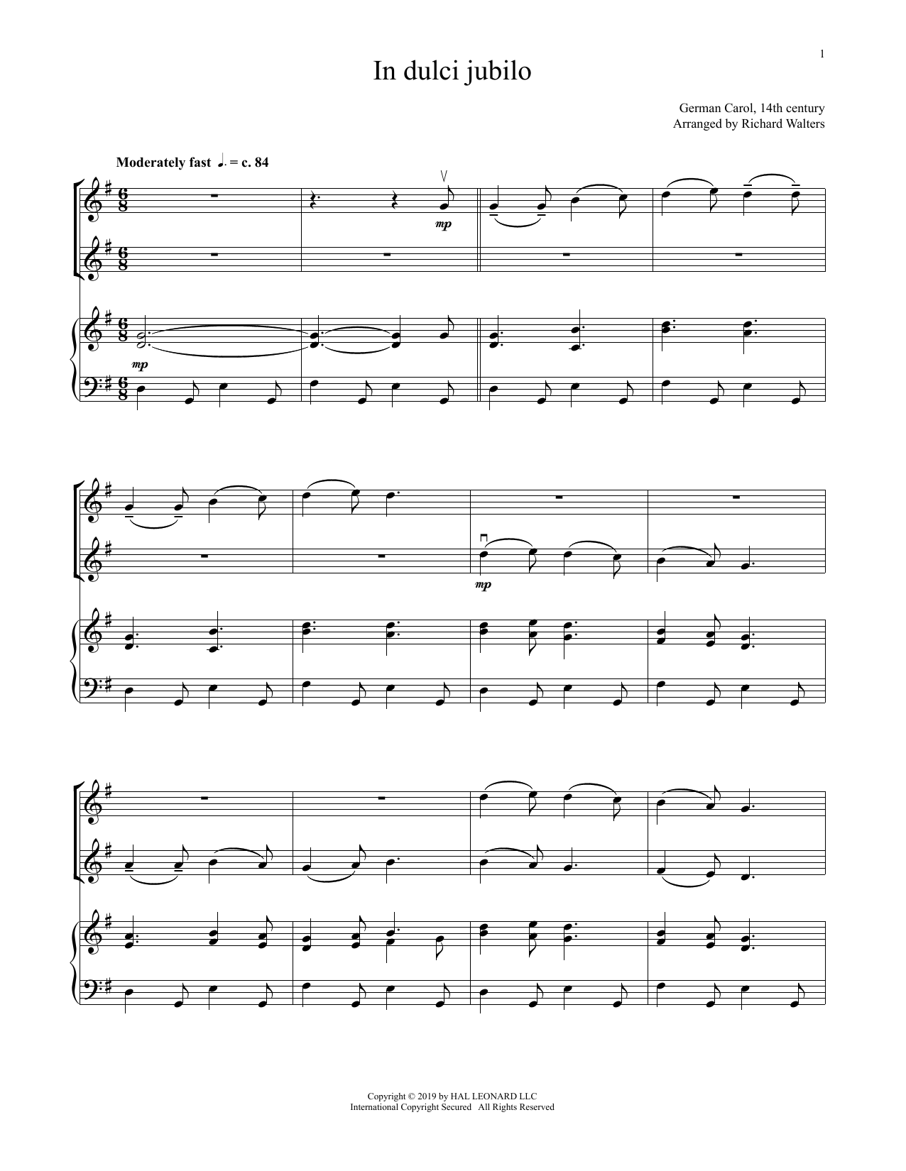 Product gallery: Page 1 of 1 In Dulci Jubilo (for Violin Duet and Piano), 14th Century German Melody