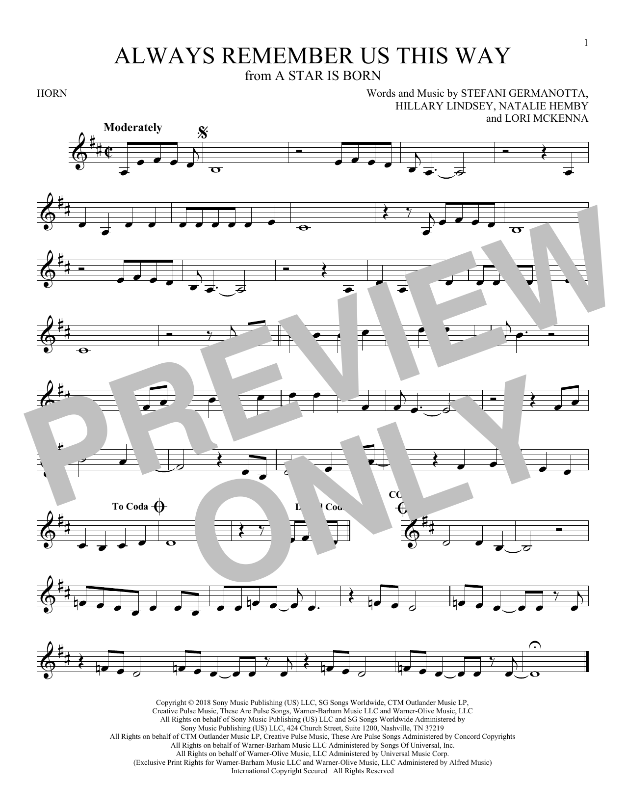 Produktgalerie: Seite 1 von 1 Always Remember Us This Way (from A Star Is Born), Lady Gaga, Horn