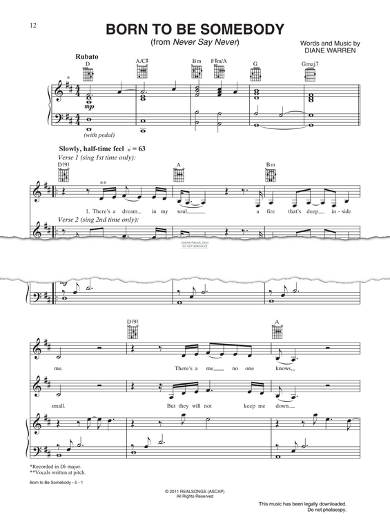 Produktgalerie: Seite 1 von 1 Born To Be Somebody (from 'Never Say Never'), Justin Bieber, Gesang, Gitarre, Klavier