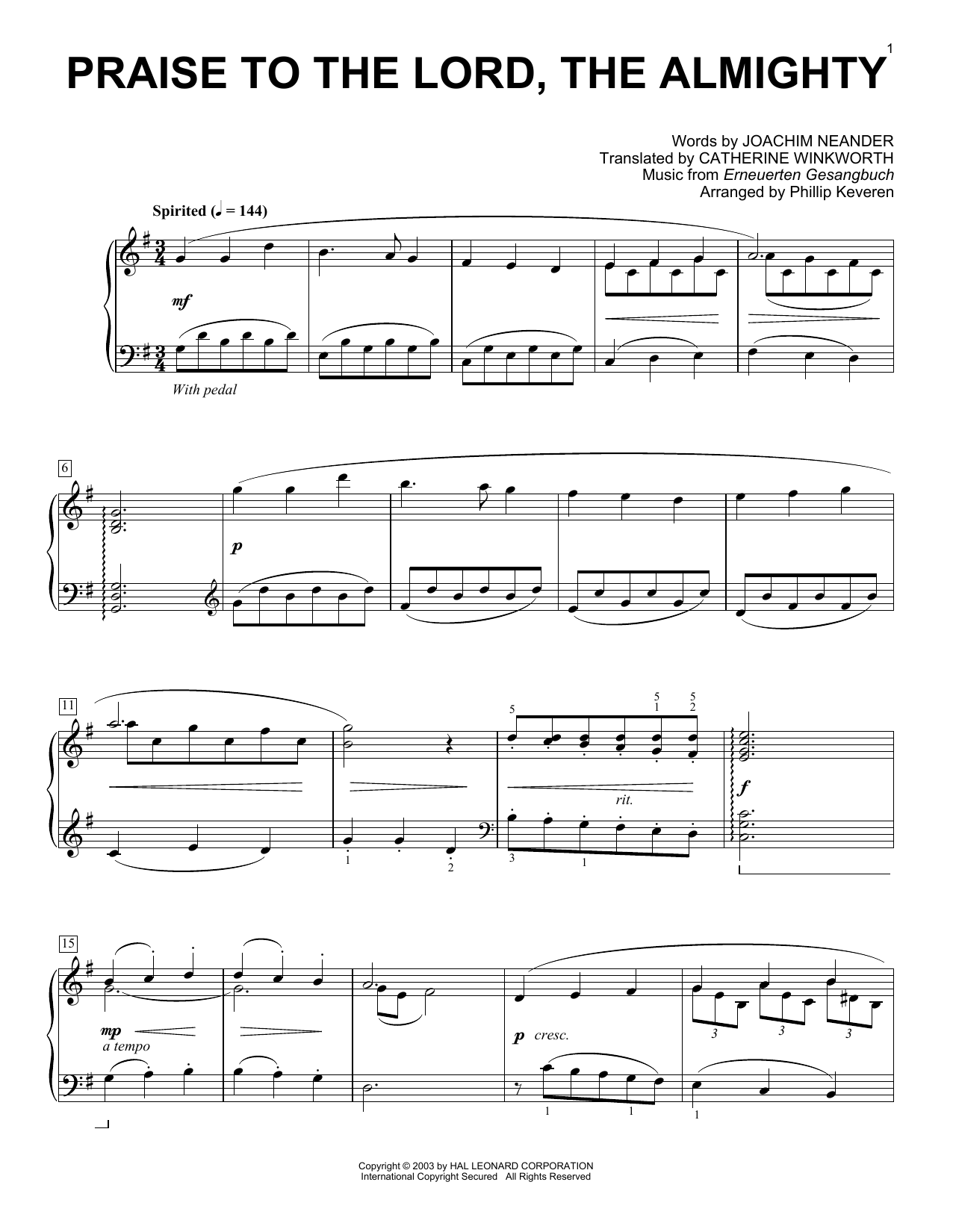 Product gallery: Page 1 of 1 Praise To The Lord, The Almighty (arr. Phillip Keveren), Joachim Neander