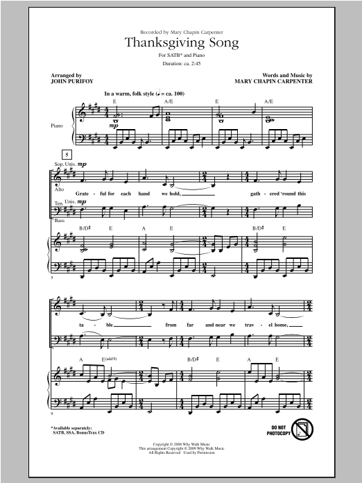 Produktbild zu: Thanksgiving Song (arr. John Purifoy)