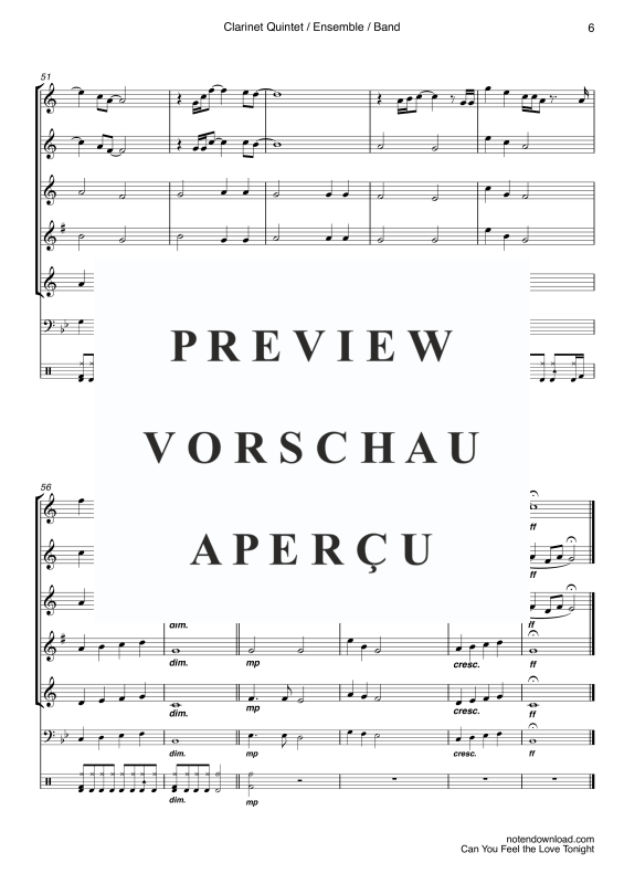 Produktgalerie: Seite 9 von 11 Can You Feel The Love Tonight, John, Elton, Klarinetten Quintett/Ensemble/Band – Klavier, E-Bass und Drum Set optional