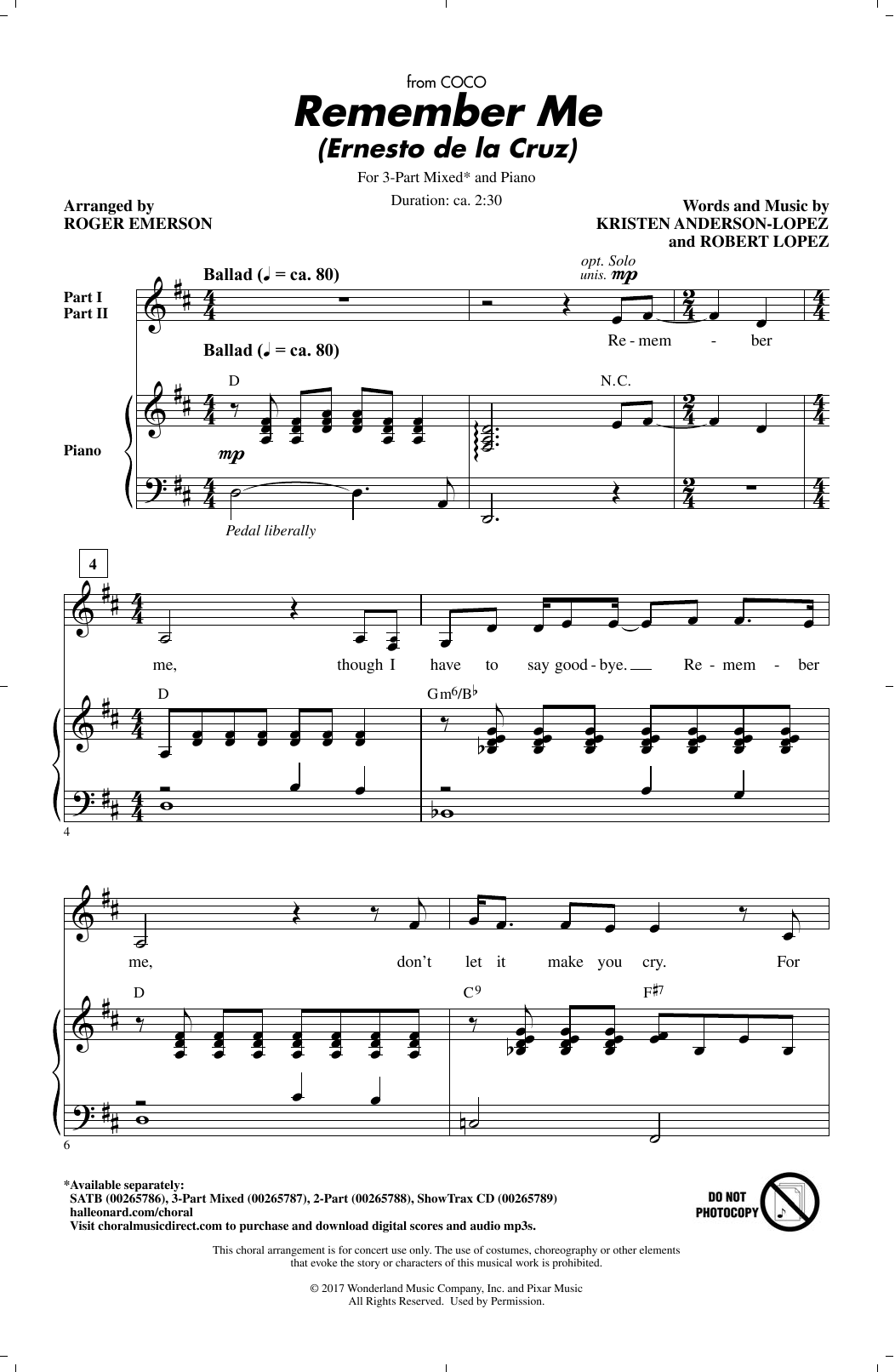 Product picture to: Remember Me (Ernesto de la Cruz) (from Coco) (arr. Roger Emerson)