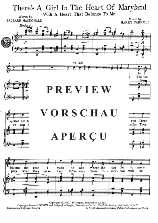 Produktgalerie: Seite 3 von 8 There's A Girl In The Heart Of Maryland (With A Heart That Belongs To Me) , Popular Standard, (Klavier und Gesang)
