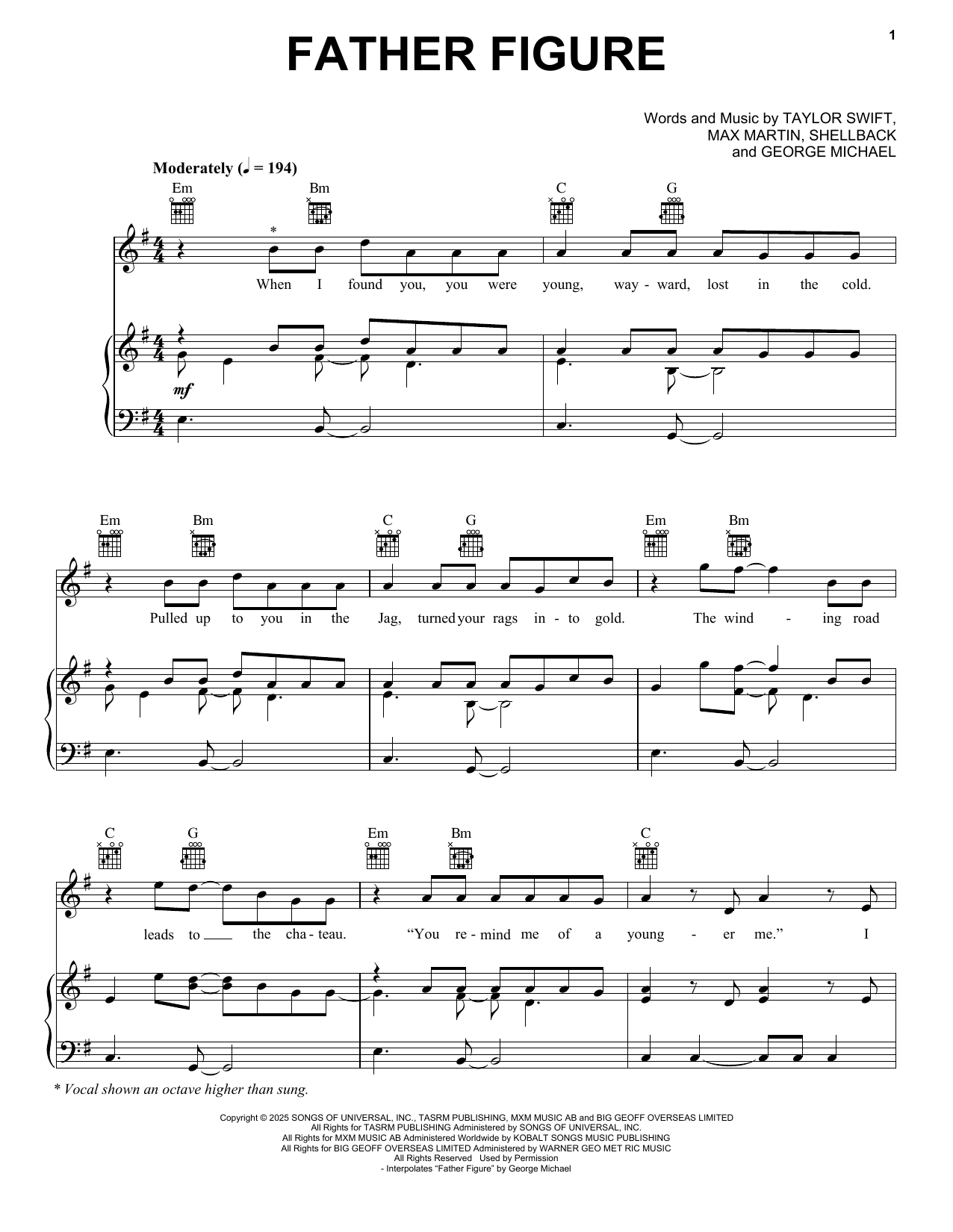 Produktgalerie: Seite 1 von 1 Father Figure, Taylor Swift, Gesang, Gitarre, Klavier