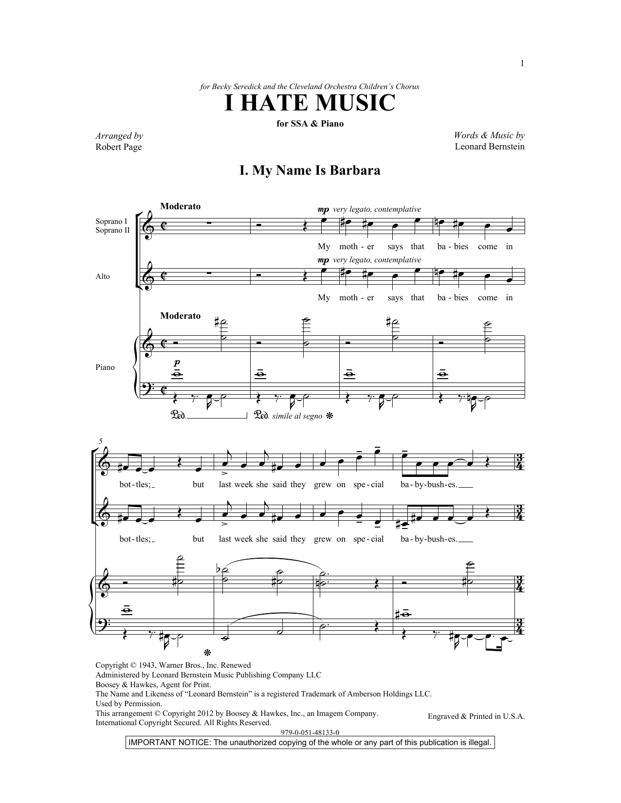 Product gallery: Page 1 of 1 I Hate Music (arr. Robert Page), Leonard Bernstein