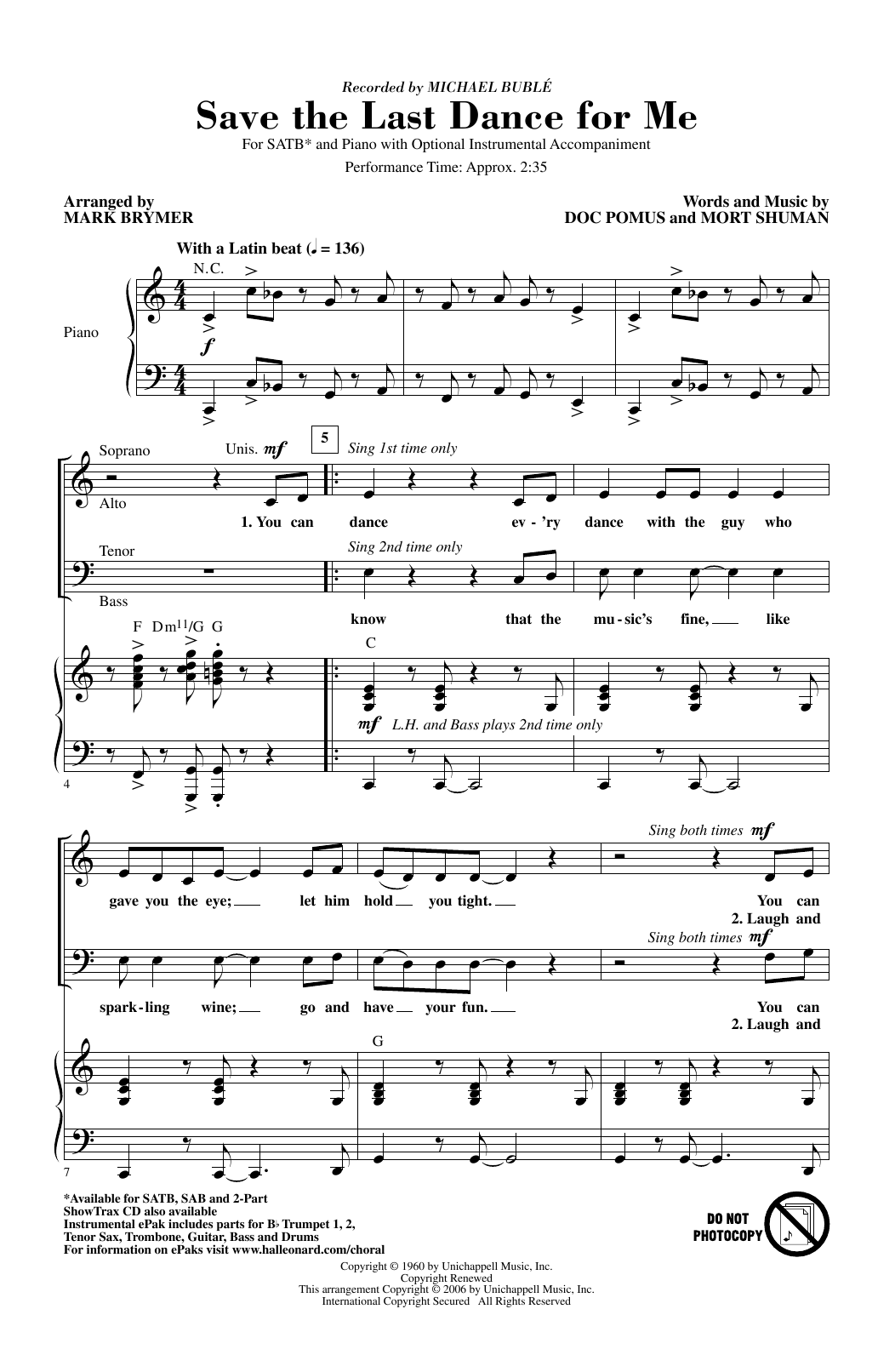 Product picture to: Save The Last Dance For Me (arr. Mark Brymer)