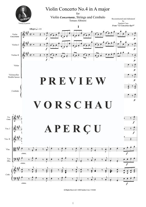 Produktgalerie: Seite 2 von 11 Concerto No.4 in A-Dur Op.9, , Violine concertante, Streicher Ensemble und Cembalo BC