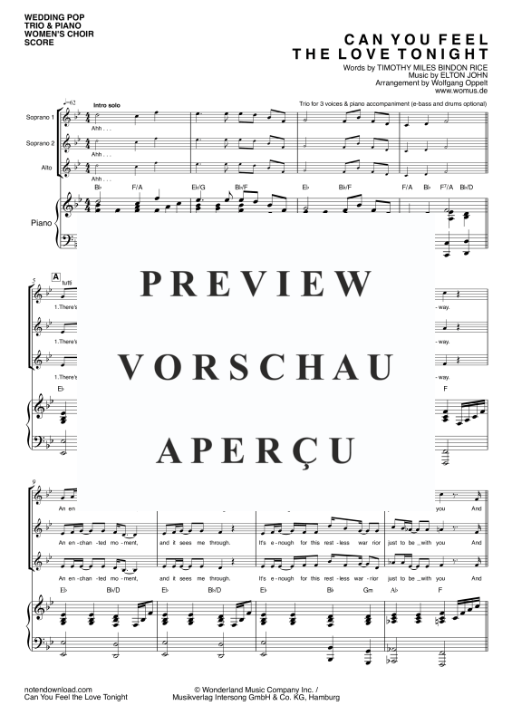 Produktgalerie: Seite 4 von 11 Can You Feel The Love Tonight, John, Elton, Frauen Chor/Ensemble SSA und Klavier - E-Bass & Drum Set optional