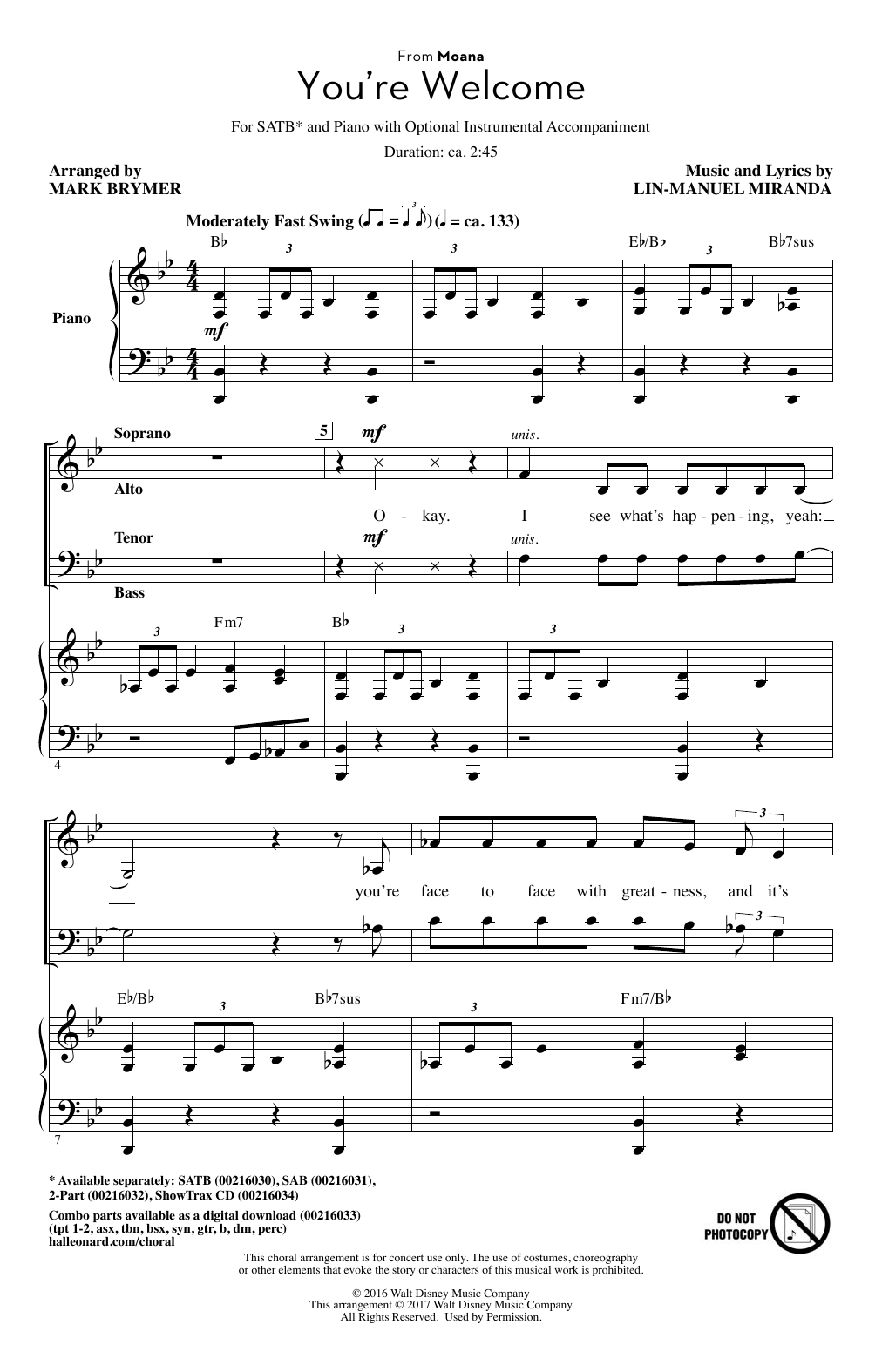 Product picture to: You're Welcome (from Moana) (arr. Mark Brymer)