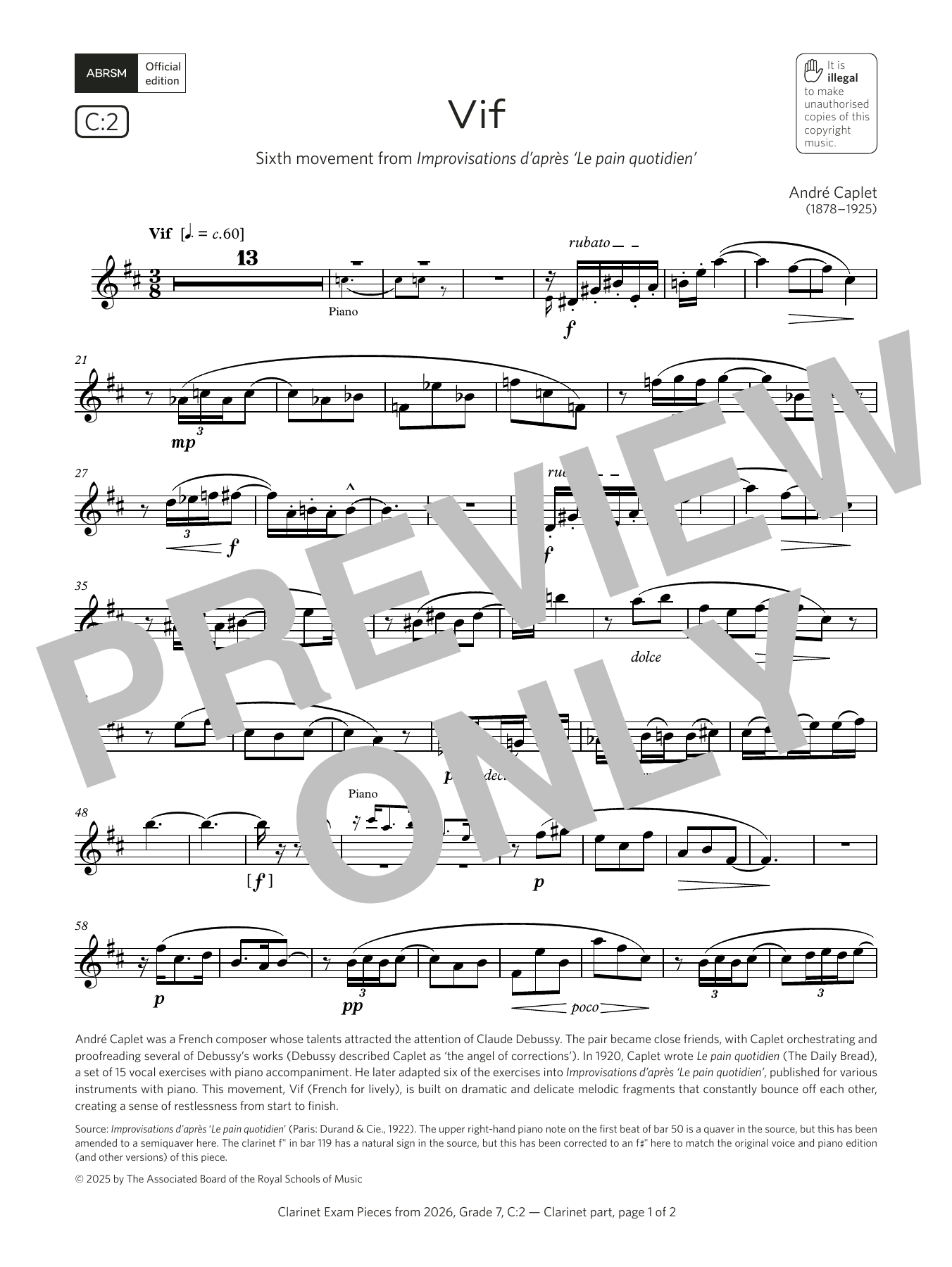 Product gallery: Page 1 of 1 Vif (Grade 7, list C2, from the ABRSM Clarinet Syllabus from 2026), André Caplet