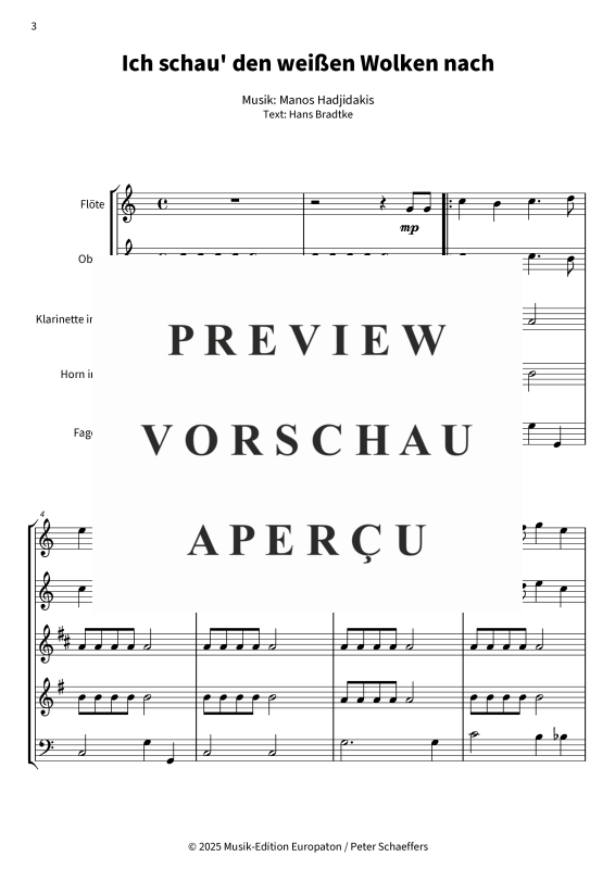 Produktgalerie: Seite 5 von 11 Ich schau´ den weißen Wolken nach, Nana Mouskouri, (Holzbläserquintett)