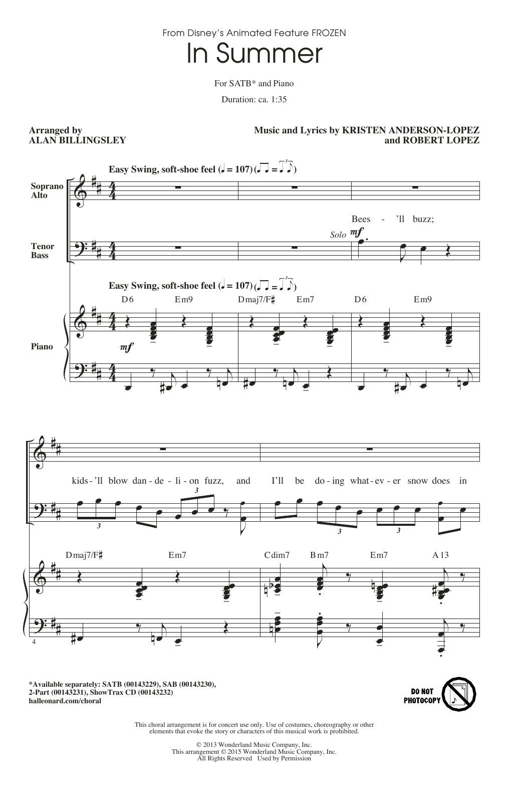 Produktbild zu: In Summer (from Frozen) (arr. Alan Billingsley)