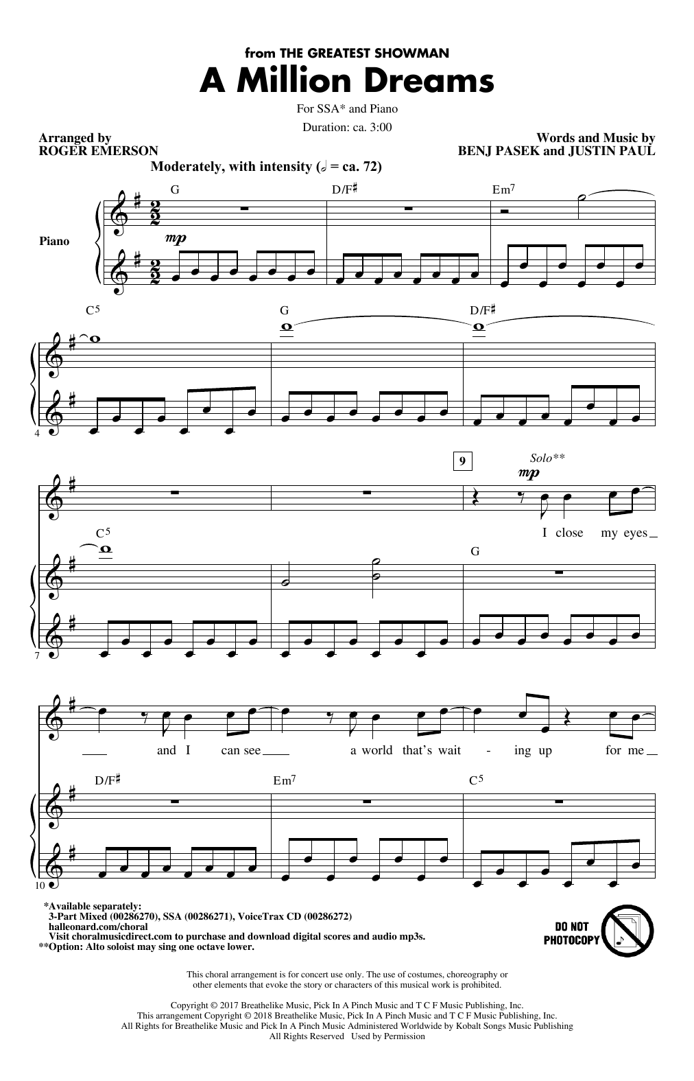 Product gallery: Page 1 of 1 A Million Dreams (from The Greatest Showman) (arr. Roger Emerson), Pasek & Paul