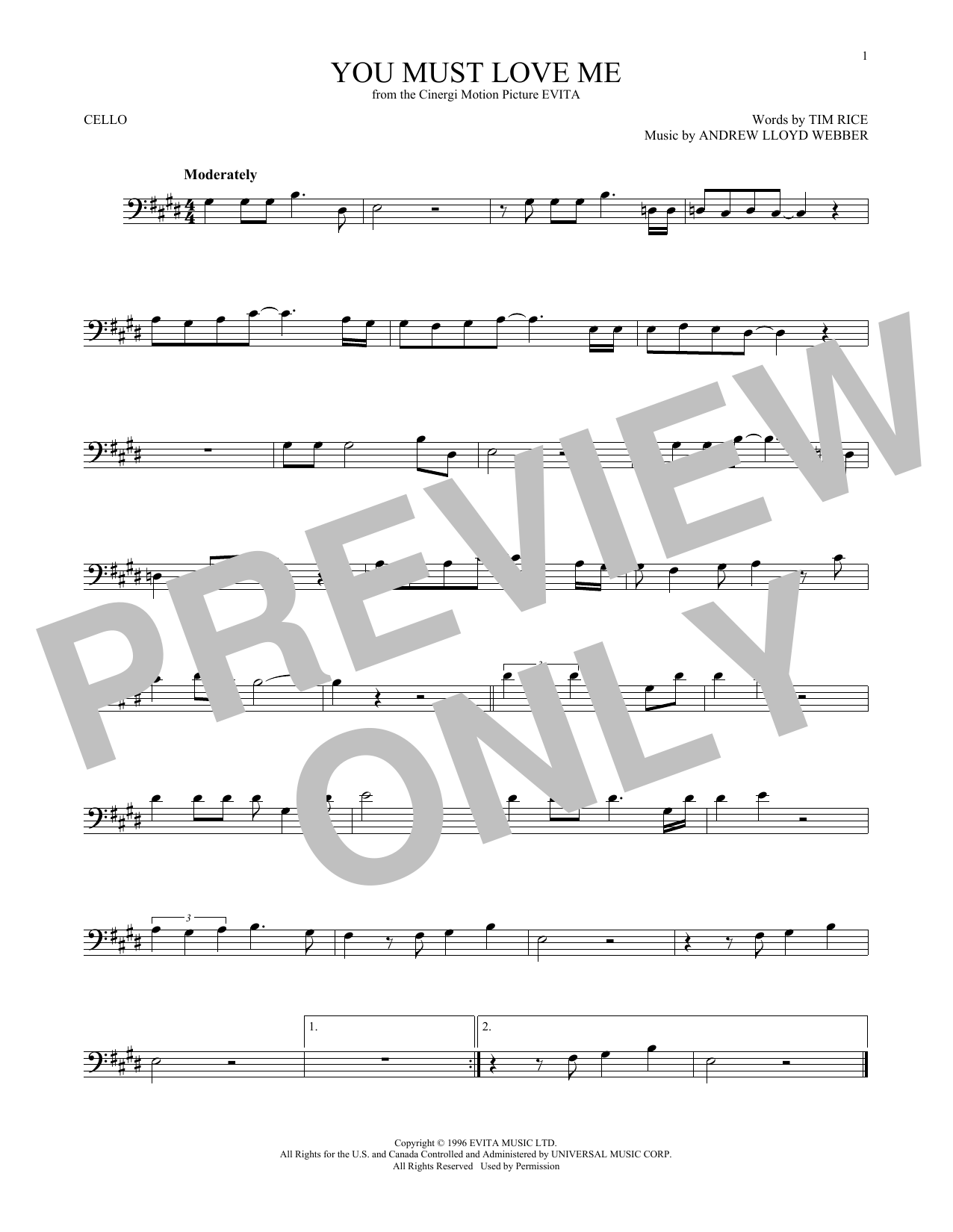 Produktgalerie: Seite 1 von 1 You Must Love Me (from Evita), Andrew Lloyd Webber, Violoncello