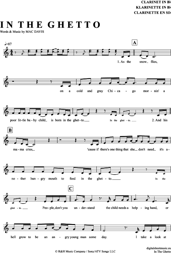 Product gallery: Page 1 of 4 In The Ghetto , Presley, Elvis, Clarinet in B-flat