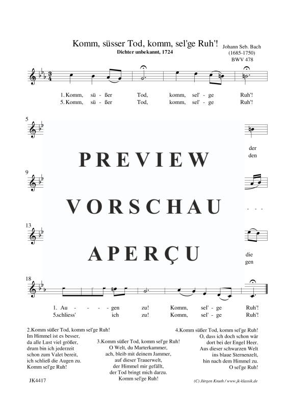 Produktbild zu: Komm, süsser Tod, komm, sel´ge Ruh´! BWV 478Johann Sebastian Bach