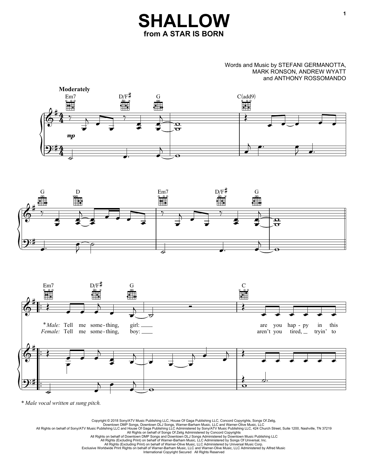 Produktgalerie: Seite 1 von 1 Shallow (from A Star Is Born), Lady Gaga & Bradley Cooper, Gesang, Gitarre, Klavier