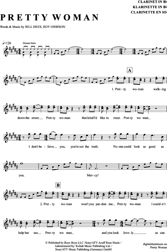 Product gallery: Page 1 of 4 Pretty Woman , Orbison, Roy, Clarinet in B-flat