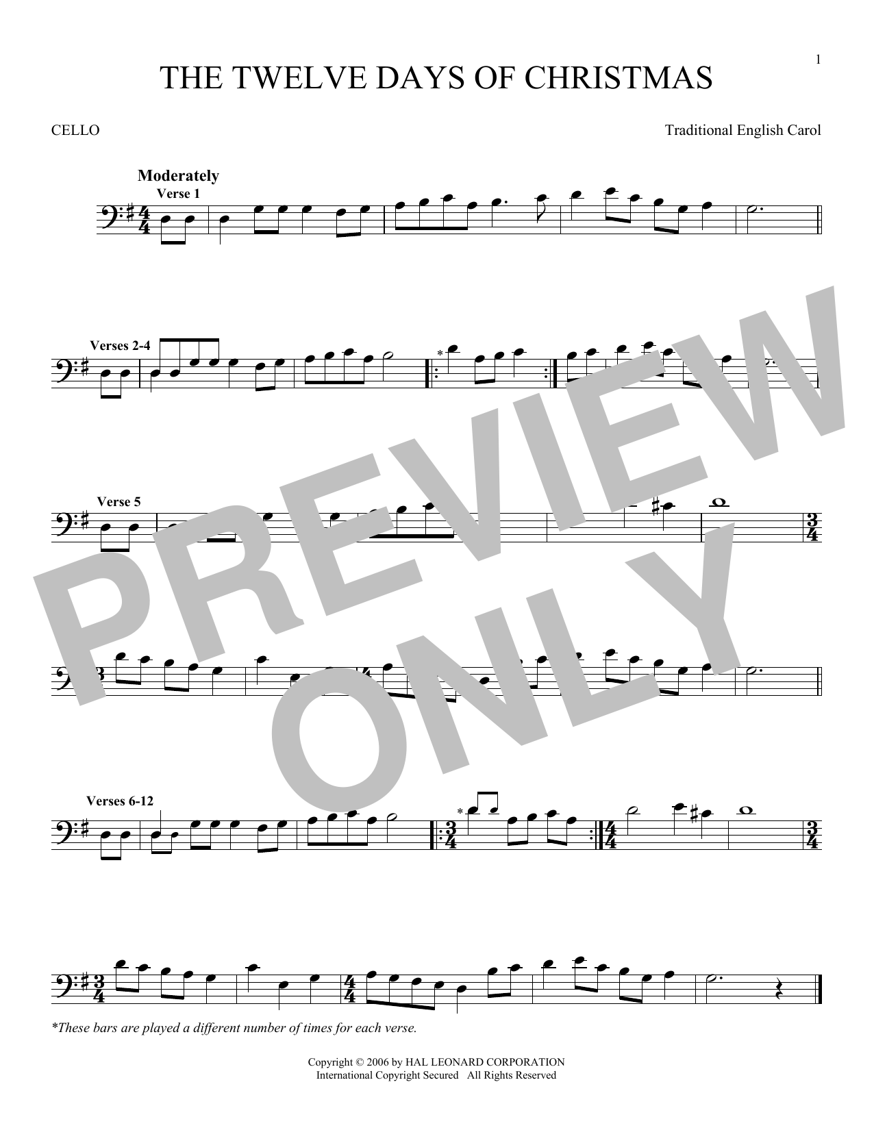 Produktgalerie: Seite 1 von 1 The Twelve Days Of Christmas, Traditional English Carol, Violoncello