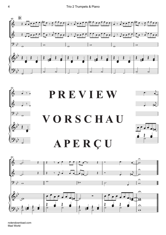 Product gallery: Page 5 of 10 Mad World , Andrews, Michael & Jules, Gary, (2x trumpet in B flat + piano, cello opt.)