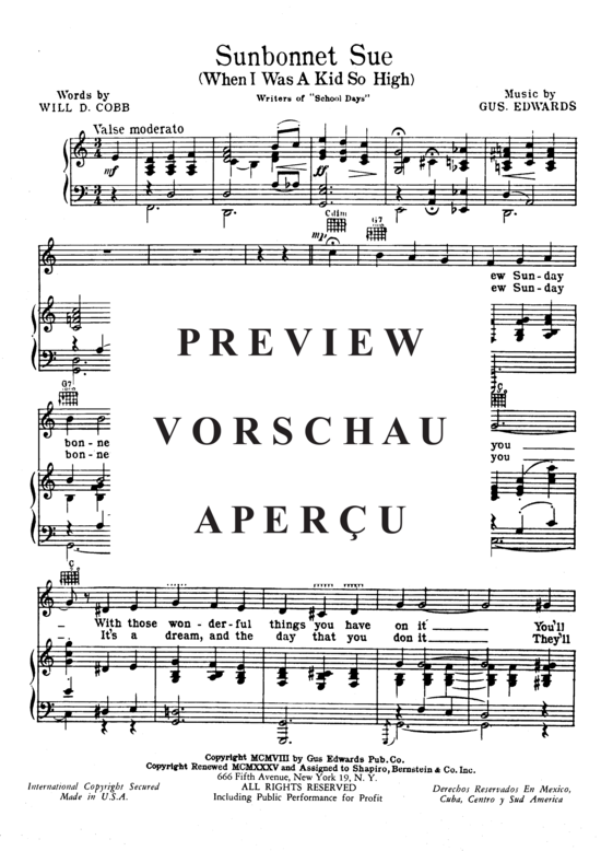 Produktgalerie: Seite 3 von 8 Sunbonnet Sue (When I Was A Kid So High) , Popular Standard, (Klavier und Gesang)