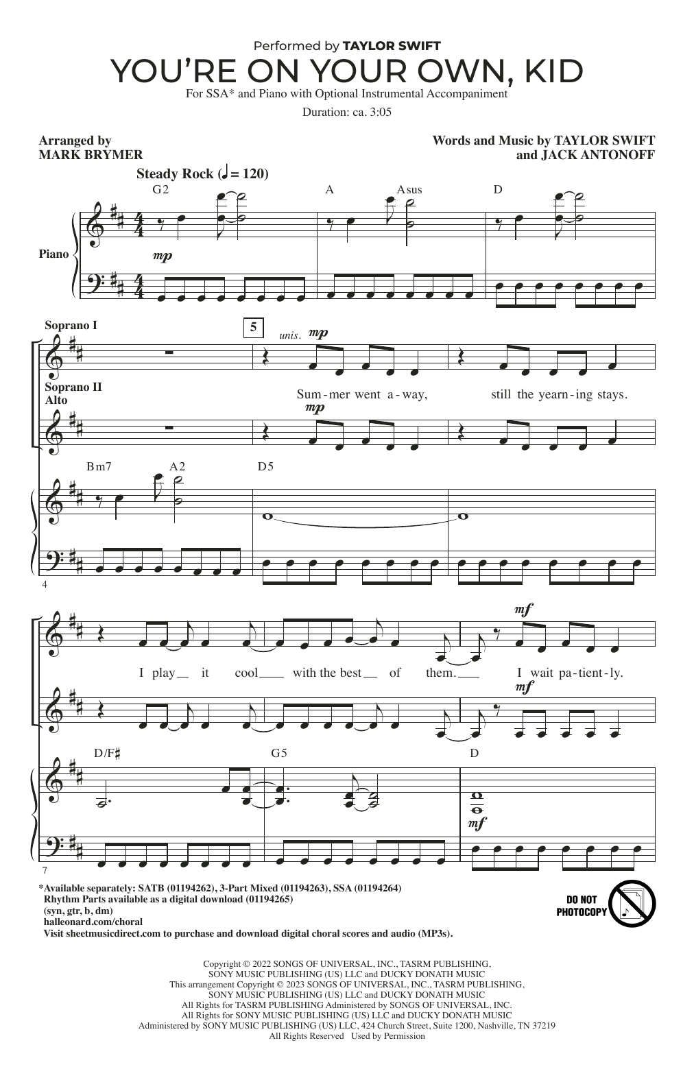 Product gallery: Page 1 of 1 You're On Your Own, Kid (arr. Mark Brymer), Taylor Swift