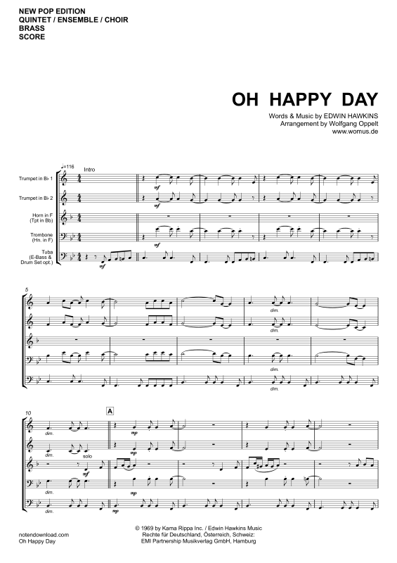 gallery: Oh Happy Day, Edwin Hawkins Singers, Blechbläser Quintett/Ensemble/Chor - E-Bass mit Akkorden & Drum Set opt.
