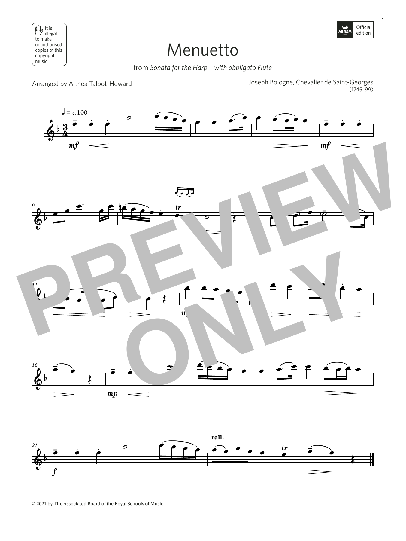 Product gallery: Page 1 of 1 Menuetto from Sonata for the Harp (Grade 2 A5 from the ABRSM Treble Recorder syllabus from 2022), Althea Talbot-Howard
