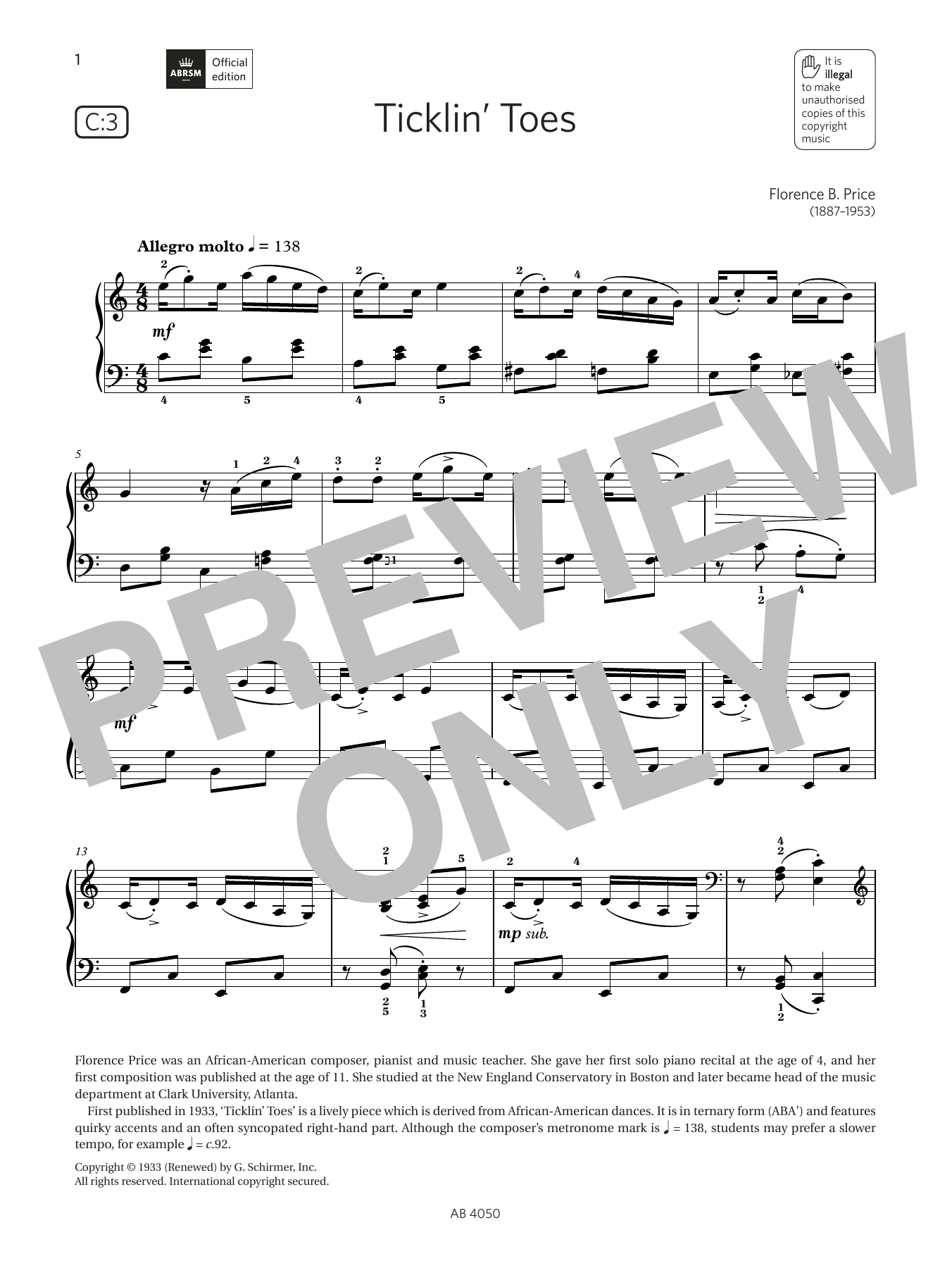 Product gallery: Page 1 of 1 Ticklin Toes (Grade 4, list C3, from the ABRSM Piano Syllabus 2023 & 2024), Florence B Price