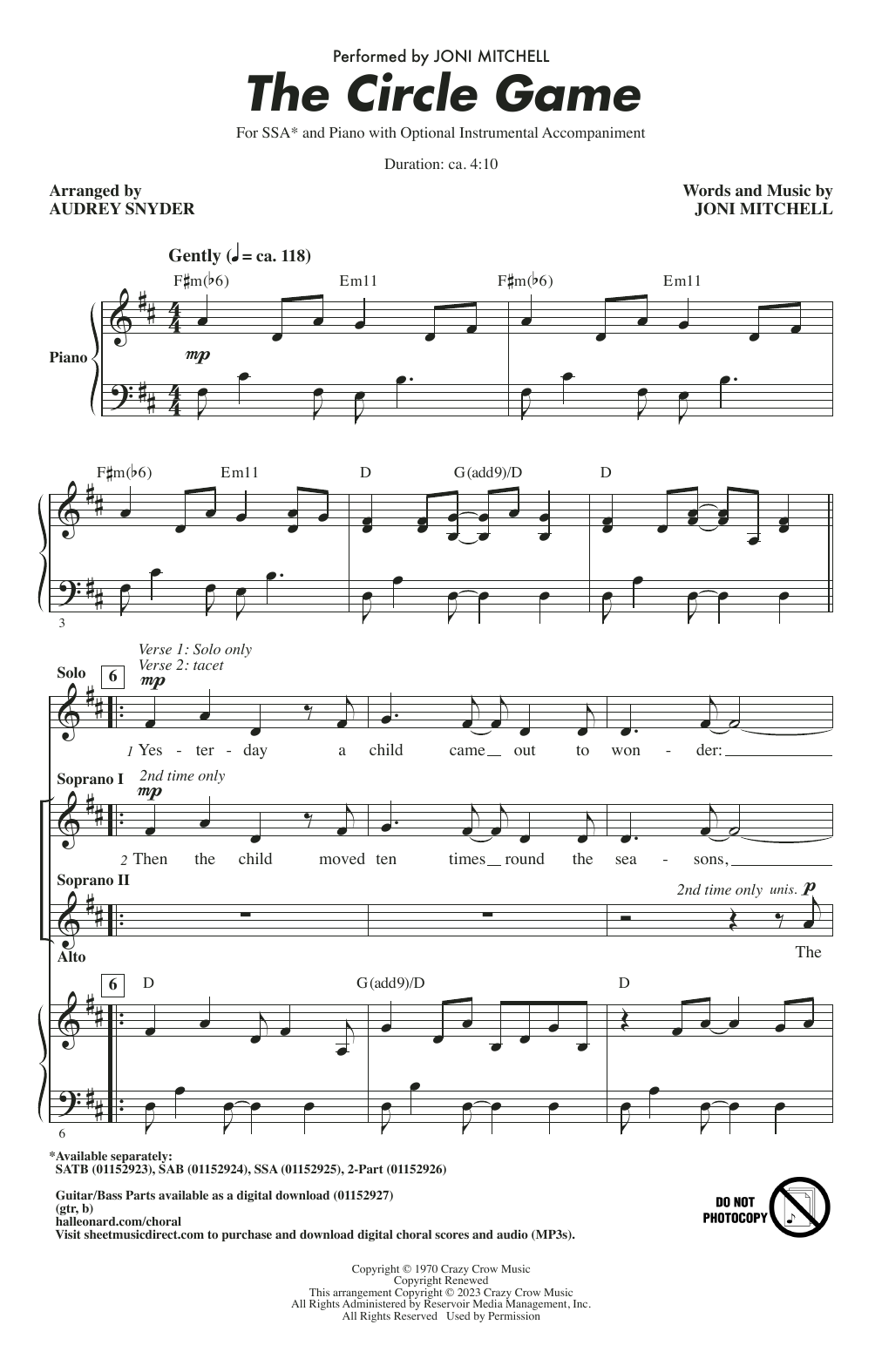 Product gallery: Page 1 of 1 The Circle Game (arr. Audrey Snyder), Joni Mitchell