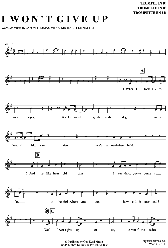 Produktgalerie: Seite 1 von 4 I won´t give up , Mraz, Jason, Trompete in B