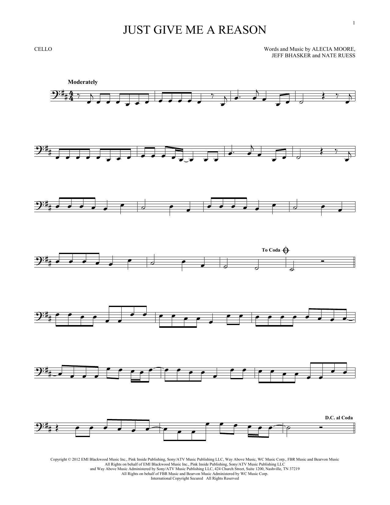 Produktgalerie: Seite 1 von 1 Just Give Me A Reason (feat. Nate Ruess), P!nk, Violoncello