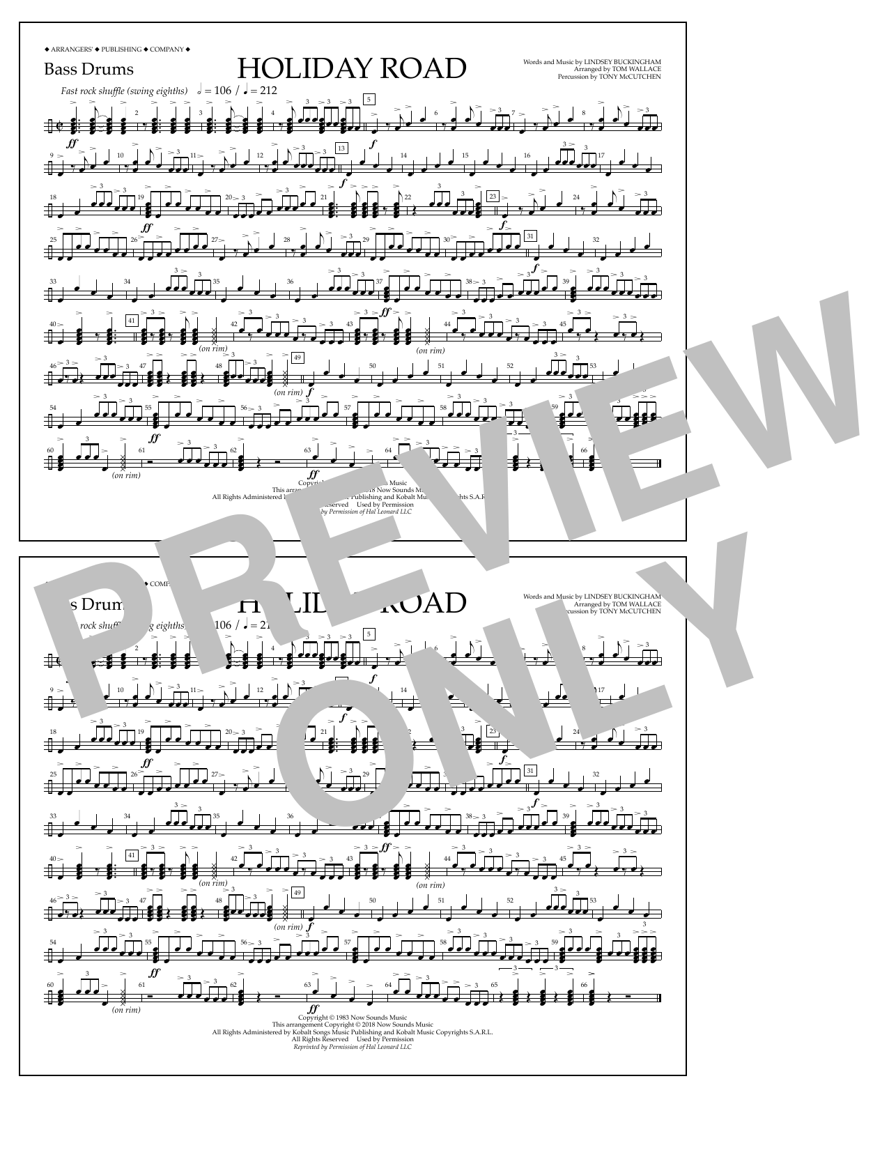 Product gallery: Page 1 of 1 Holiday Road (from National Lampoon's Vacation) (arr. Tom Wallace) - Bass Drums, Lindsey Buckingham