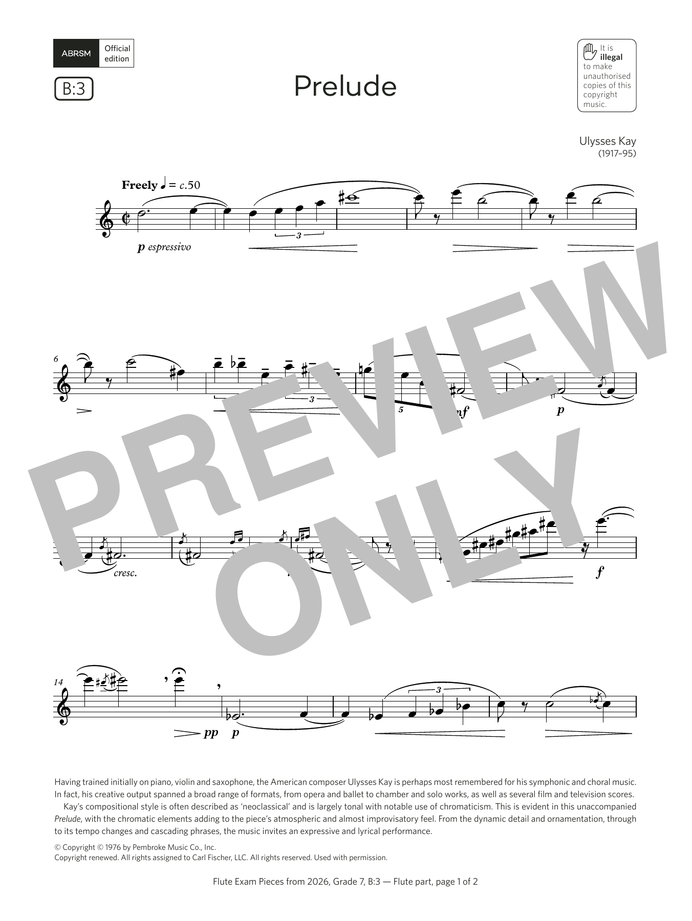 Product gallery: Page 1 of 1 Prelude (Grade 7, list B3, from the ABRSM Flute Syllabus from 2026), Ulysses Kay