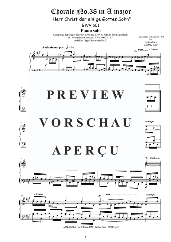 Produktgalerie: Seite 2 von 3 Choral No.38 in A-Dur (Herr Christ der ein'ge Gottes Sohn) BWV 601, , Klavier Solo